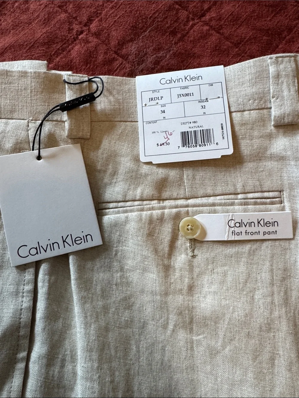 Calvin Klein Mens Linen Flat Front Pant
